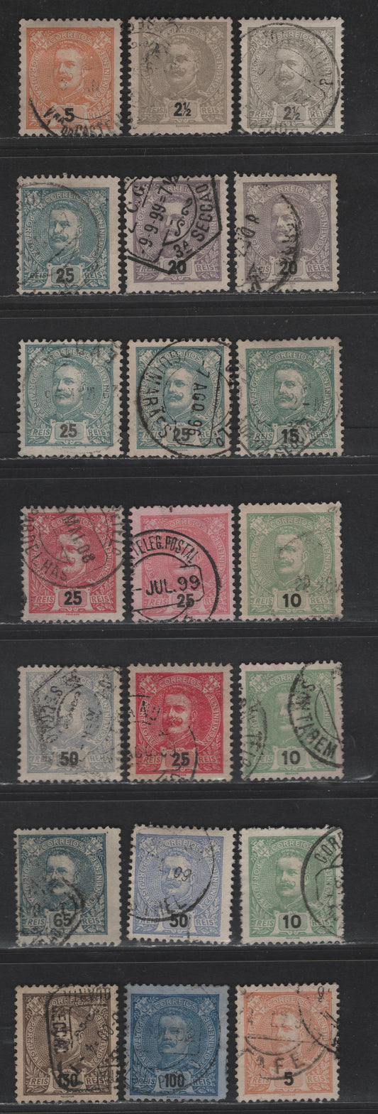 Lot 174 Portugal SC#110-118, 120, 124, 126 2.5r - 130r Gray - Gray Brown on Straw King Carlos, 1895-1905 King Carlos Keyplates Issue, 21 Fine/Very Fine Used Singles, Additional Shades