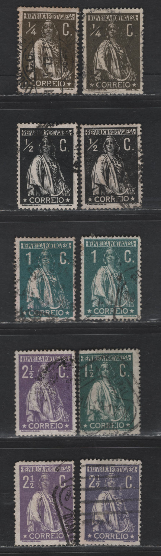 Lot 181 Portugal SC#207-209, 212 1/4c - 2/5c Dark Olive - Violet Ceres, 1912-1920 Ceres Issue, 10 Fine/Very Fine Used Singles, Chalky Paper, Perf 15x14, Shade Variations