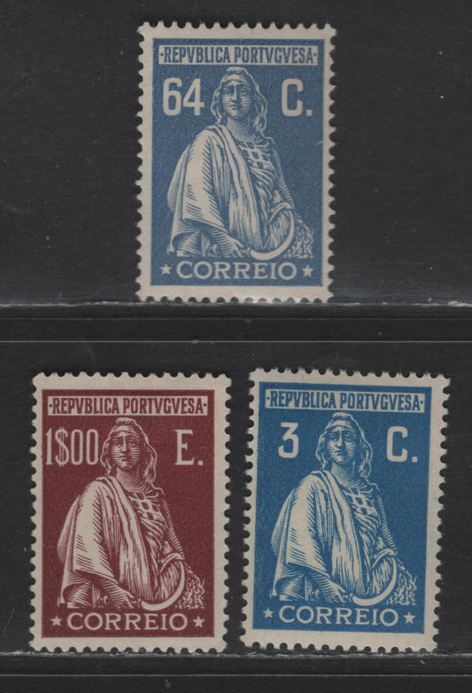 Lot 187 Portugal SC#399, 411, 414 3c - 1e Bright Blue - Red Brown Ceres, 1926 Ceres Issue, 3 VFOG Singles, Without Imprint, Perf 13.5x14