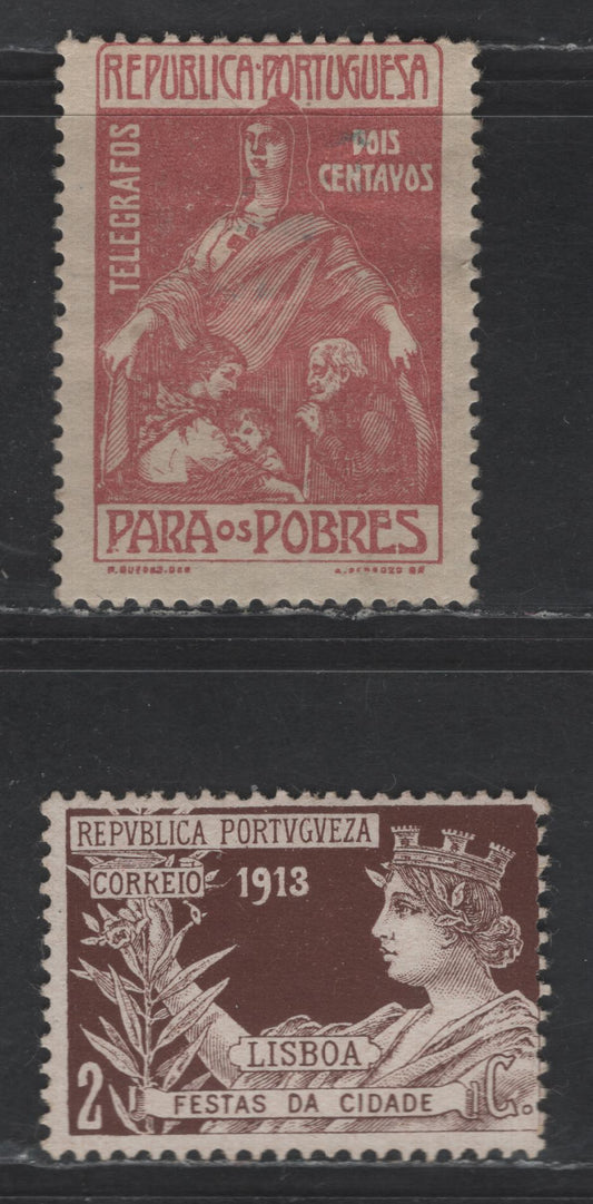 Lot 192 Portugal SC#RA3-RA4 2c Brown - Plum Ceres, 1913-1915 Postal Tax Issue, 2 FOG & Unused Singles, For Use On Telegrams