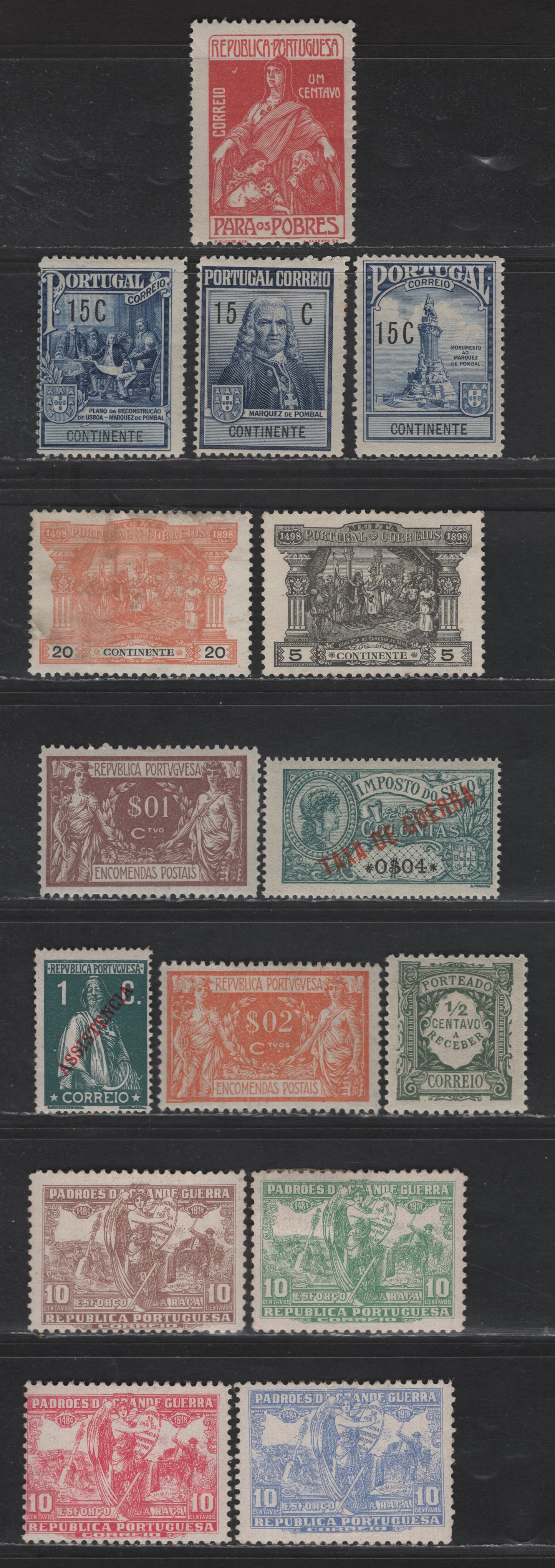 Lot 193 Portugal SC#J1, J3, J28, Q1-Q2, RA2, RA4, RA7-RA13, MR2 5r - 15c Black - Ultramarine Zamirin Receiving Vasco da Gama - Pombal, 1898-1921 Postage Dues - Postal Tax Issues, 15 F/VFOG & Unused Singles