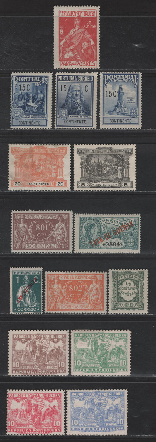 Lot 193 Portugal SC#J1, J3, J28, Q1-Q2, RA2, RA4, RA7-RA13, MR2 5r - 15c Black - Ultramarine Zamirin Receiving Vasco da Gama - Pombal, 1898-1921 Postage Dues - Postal Tax Issues, 15 F/VFOG & Unused Singles