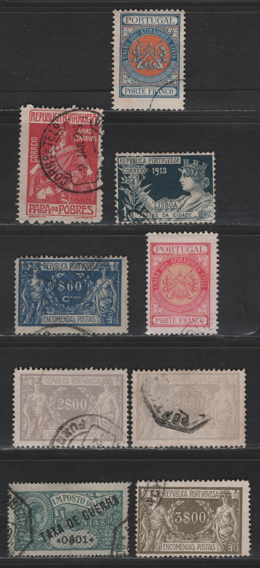Lot 195 Portugal SC#RA3-RA4, Q8, Q13, Q14, 2S3, 2S4, MR1 1c Dark Green - Green Ceres, 1913-1919 Postal Tax - War Tax Issues, 9 Fine/Very Fine Used Singles, Includes Two Shades Of Q13