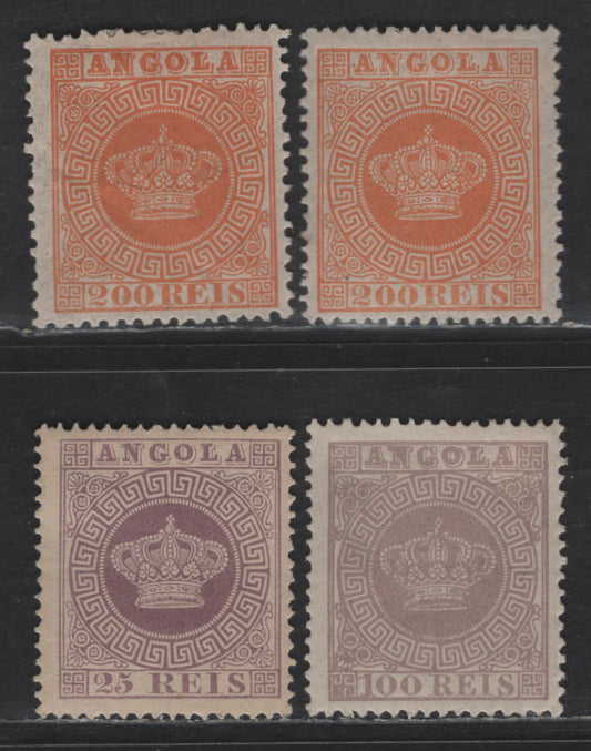 Lot 196 Angola SC#8a, 8, 7e, 12a 25r - 200r Violet - Orange Crown, 1870-1885 Crown Issues, 4 F/VFOG Singles, Perfs 12.5 & 13.5
