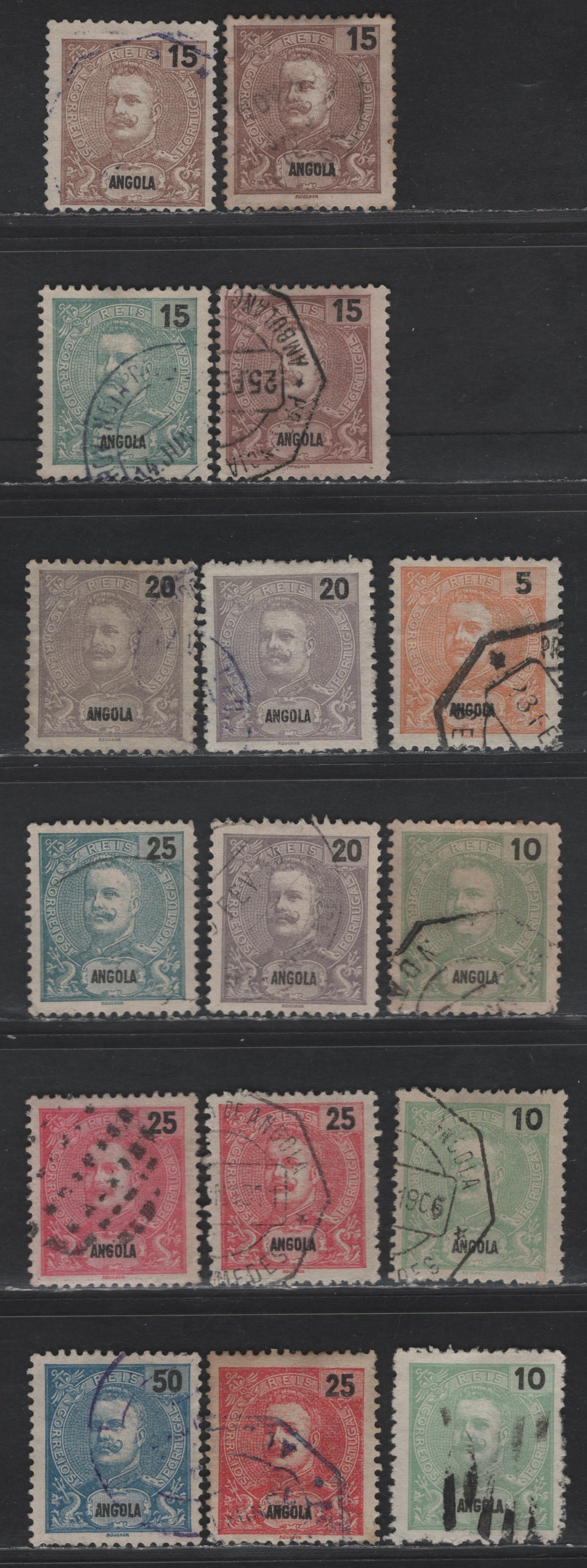 Lot 203 Angola SC#39/46 5r - 50r Orange - Blue King Carlos, 1898-1903 King Carlos Portraits Issue, 16 Fine/Very Fine Used Singles, Shade & Unlisted Paper Varieties