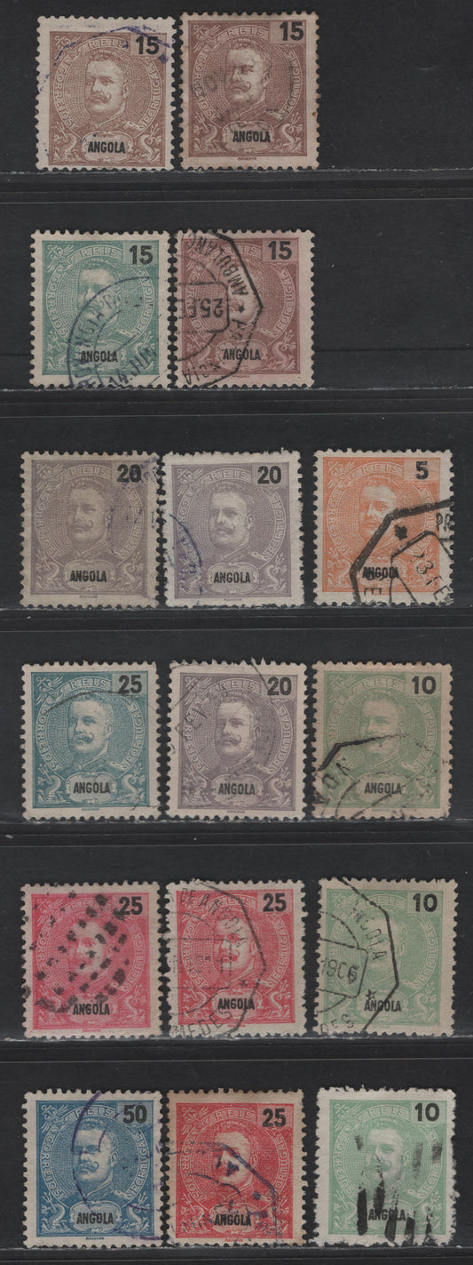 Lot 203 Angola SC#39/46 5r - 50r Orange - Blue King Carlos, 1898-1903 King Carlos Portraits Issue, 16 Fine/Very Fine Used Singles, Shade & Unlisted Paper Varieties