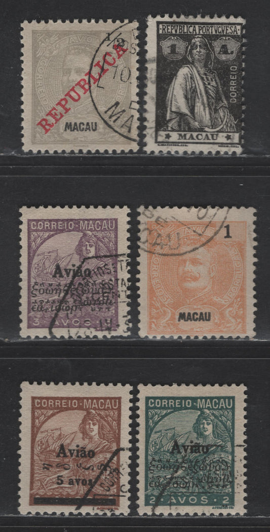Lot 154 Macao SC#76, 147, 231, C1-C3 1a - 5a on 6a Orange - Brown King Carlos, 1895-1936 King Carlos - Airmail Issues, 6 Fine/Very Fine Used Singles