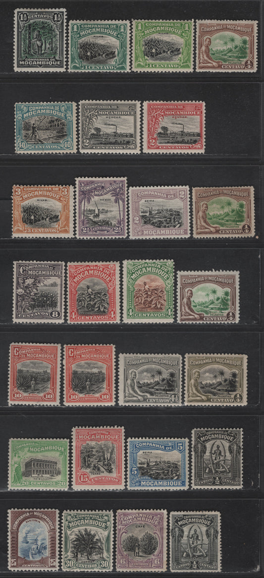 Lot 169 Mozambique SC#108-120, 122, 125-126, 130-131, 134, 136, 144, 156 1/4c - 25c Brown & Yellow Green - Chocolate & Ultramarine Scenes, 1918-1931 Pictorial Issue, 27 F/VFOG Singles, Perfs 14, 15 & 12.5, Shade Variations