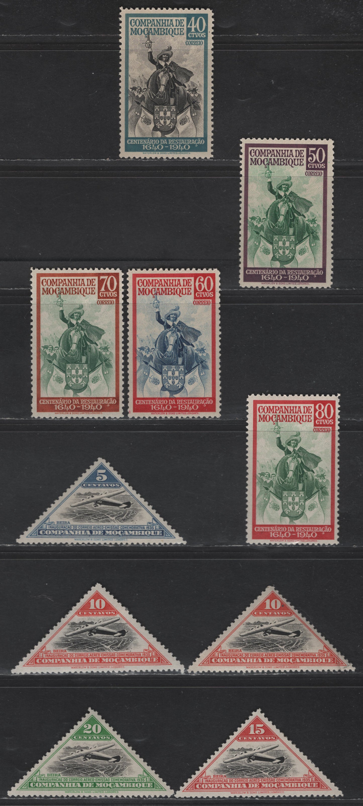 Lot 172 Mozambique SC#165-168, 202-206 5c - 20c Blue & Black - yellow Green & Black Airplane over Beira - Restoration of Monarchy, 1935-1940 Airplane over Beira - Restoration of Monarchy Issues, 9 VFOG Singles
