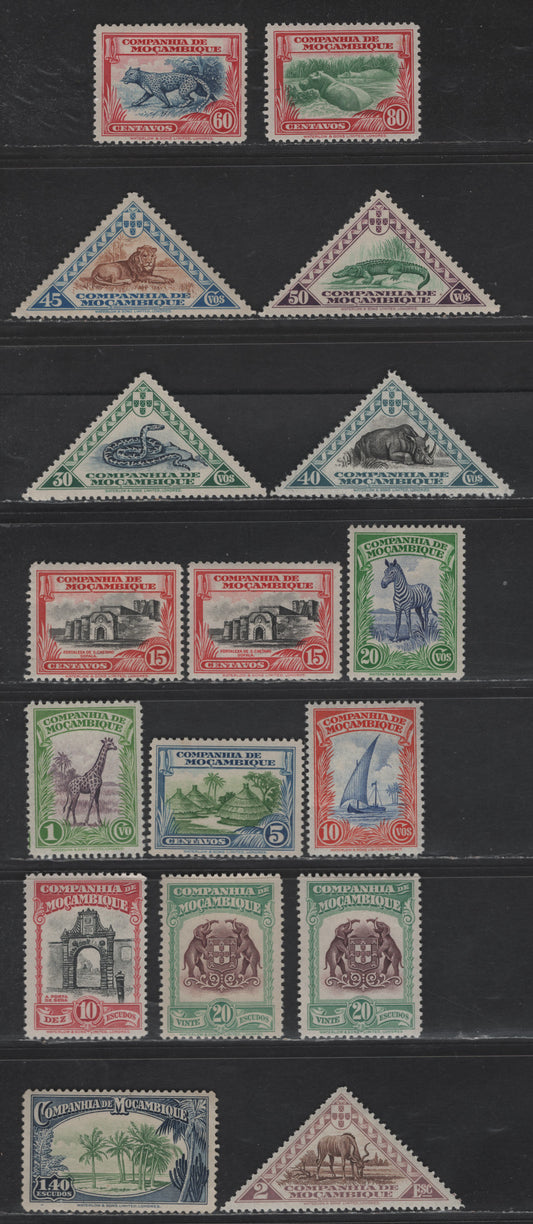 Lot 174 Mozambique SC#175-184, 186, 189-190, 192-193 1c - 20e Yellow Green & Violet - Green & Brown Violet Pictorials, 1937 Waterlow Pictorial Issue, 17 VFOG Singles
