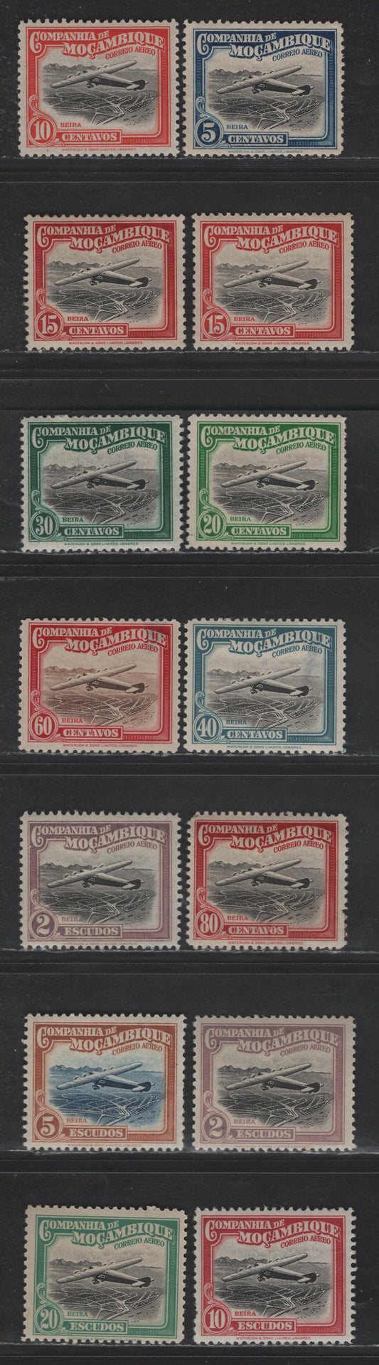 Lot 175 Mozambique SC#C1-C6, C9-C10, C12-C15 5c - 20e Blue & Black - Blue Green & Black Airplanes, 1935 Airmail Issues, 14 F/VFOG Singles, Pulled Perfs on 10e