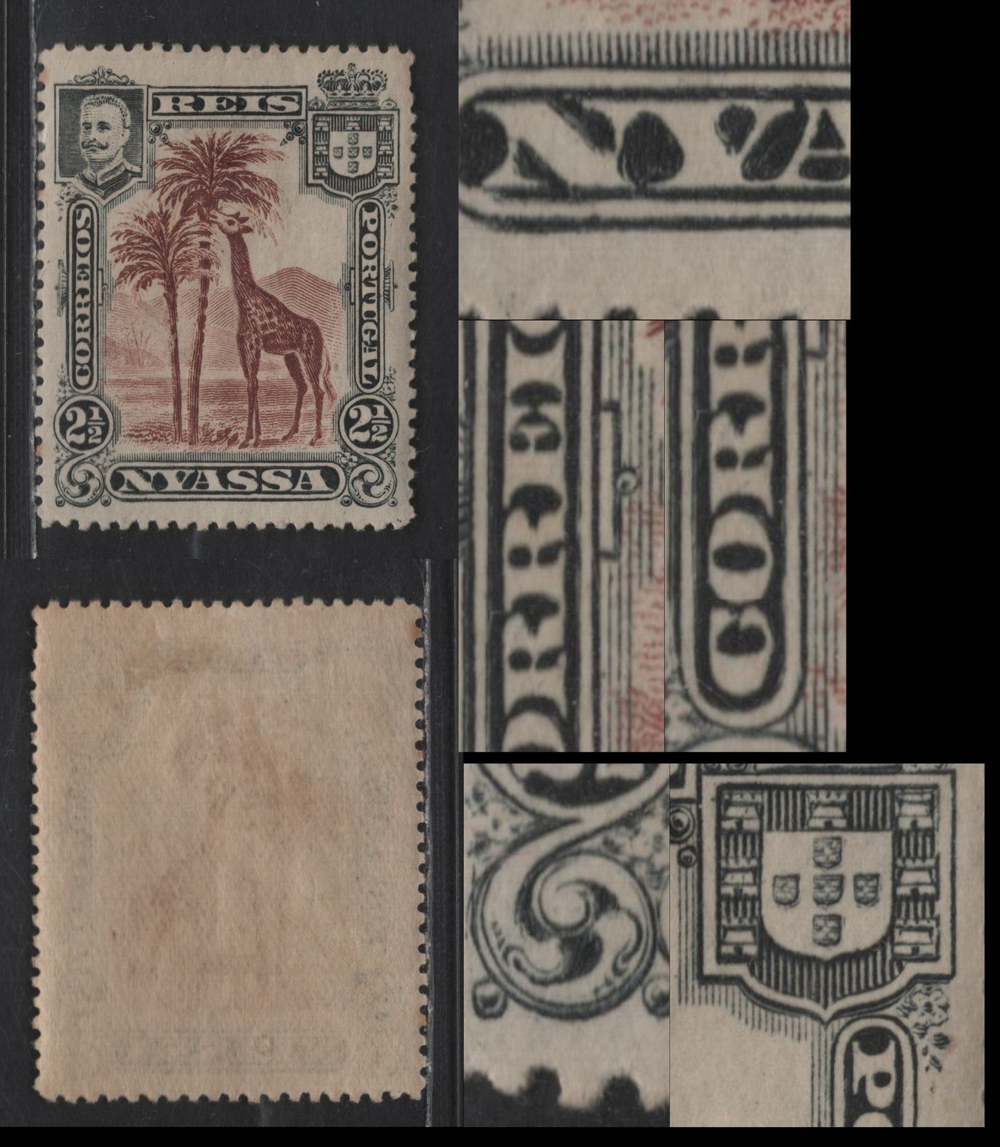 Lot 179 Nyassa SC#26var 2.5r Red Brown & Black Giraffe, 1901 Pictorial Issue, A VFOG Single, Major Re-Entry , Doubling of 'NY' of Nyassa, Small Arms In Coat of Arms Frameline & Ornament Above Correios