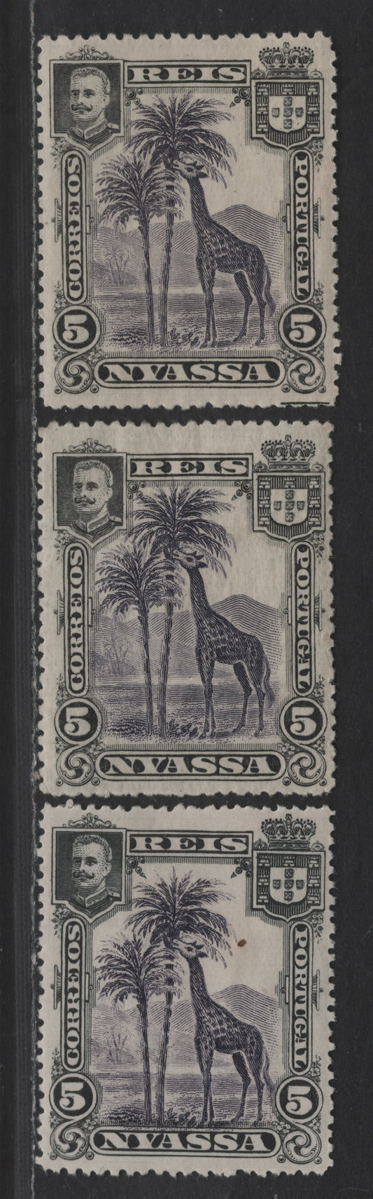 Lot 187 Nyassa SC#27var 5r Black & Violet Giraffe, 1901 Pictorial Issue, 3 VFOG Singles, Perfs 13.75, 14.5 & 14.75
