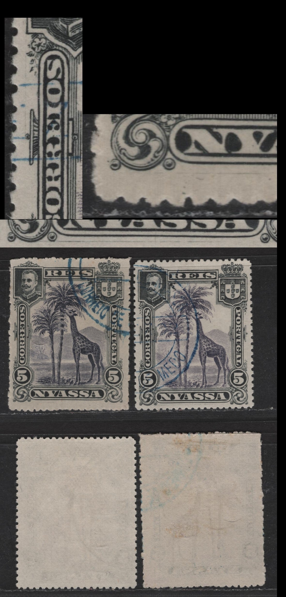 Nyassa SC#27var 5r Black & Violet Giraffe, 1901 Pictorial Issue, 2 Very Fine Used Singles, Scratches In Bottom & Left Margins
