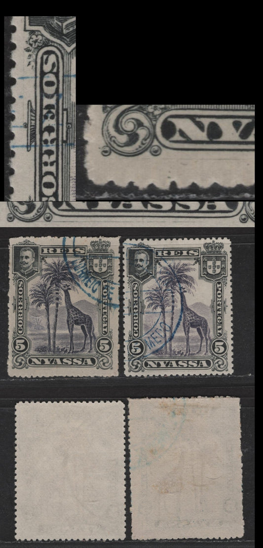 Nyassa SC#27var 5r Black & Violet Giraffe, 1901 Pictorial Issue, 2 Very Fine Used Singles, Scratches In Bottom & Left Margins