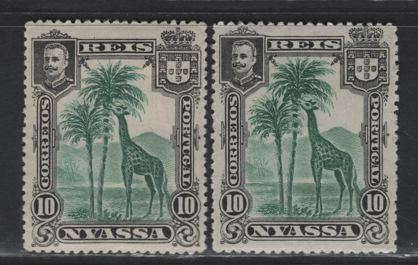 Lot 193 Nyassa SC#28 10r Black & Deep Green Giraffe, 1901 Pictorial Issue, 2 VFOG Singles, Perfs 13.75 & 14.25 As Opposed to Normal Perf 14