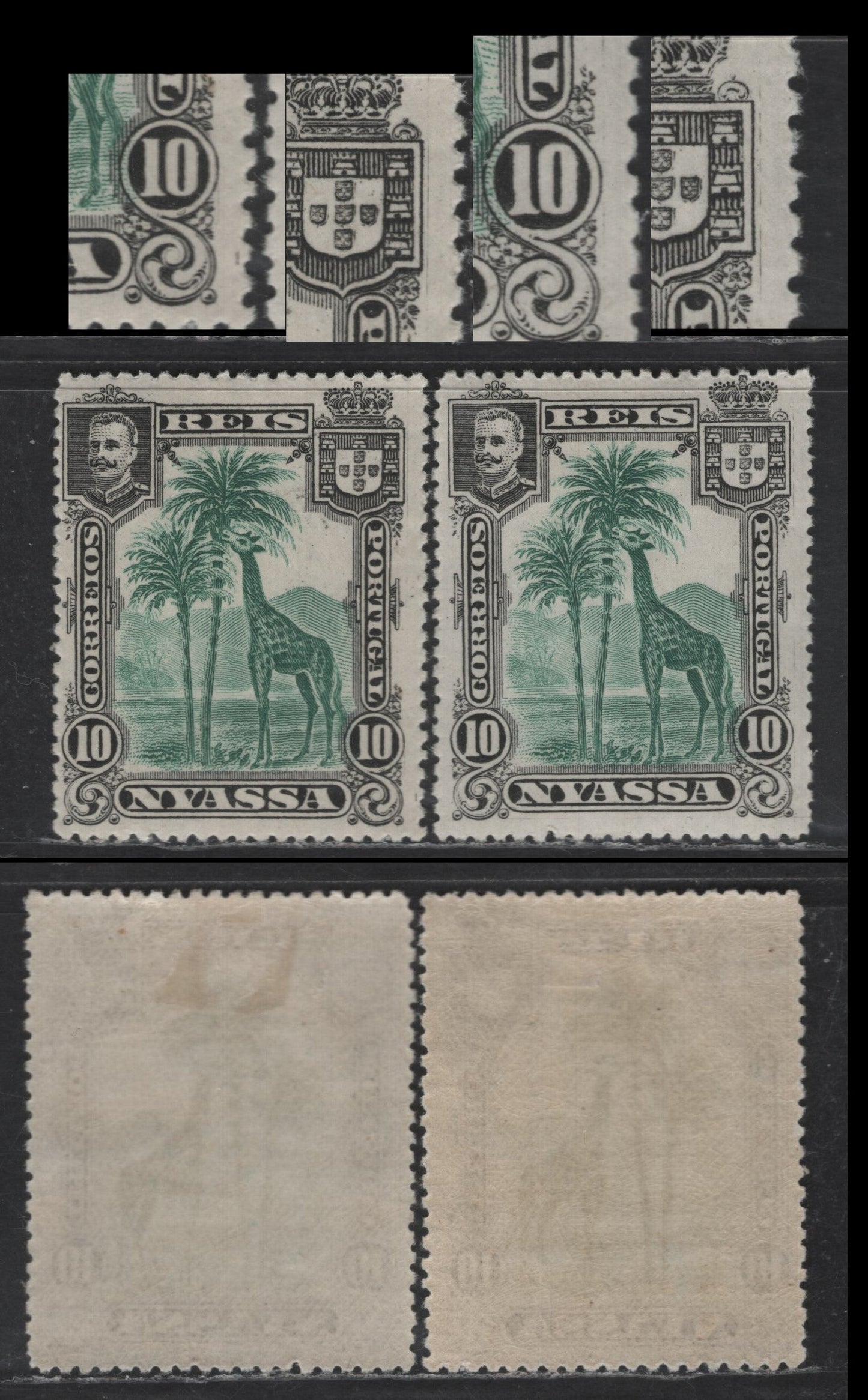 Lot 195 Nyassa SC#28var 10r Black & Green Giraffe, 1901 Pictorial Issue, 2 F/VFOG Singles, Vertical Scratches In Right Margin