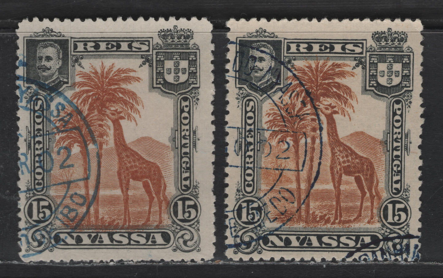Lot 199 Nyassa SC#29var 15r Black & Orange Brown Giraffe, 1901 Pictorial Issue, 2 Very Fine Used Singles, Perfs 13.5x15 & 14x13.75