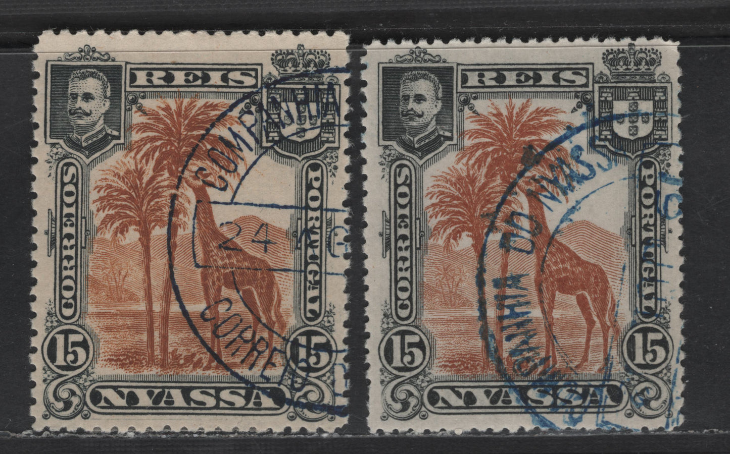 Lot 200 Nyassa SC#29var 15r Black & Orange Brown Giraffe, 1901 Pictorial Issue, 2 Very Fine Used Singles, Perf 15x13.75