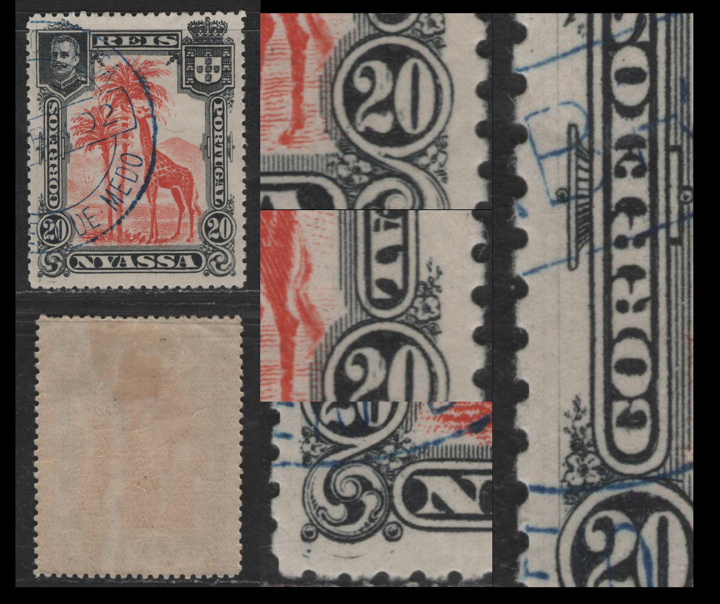 Lot 205 Nyassa SC#30var 20r Orange Red & Black Giraffe, 1901 Pictorial Issue, A Very Fine Used Single, Misplaced Entries In Lower Left Margin, Right '20' Frame Under L in Portugal Plus Guideline Scratch In Left Margin