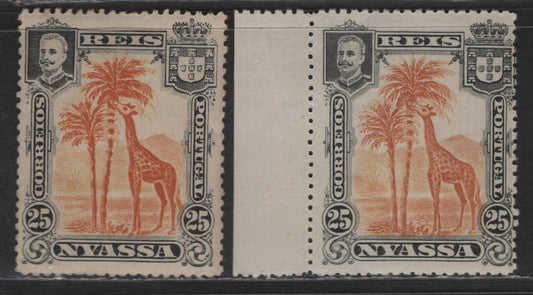 Lot 207 Nyassa SC#31var 25r Black & Orange Giraffe, 1901 Pictorial Issue, 2 F/VFNH Singles, Perfs 14.5 & 14