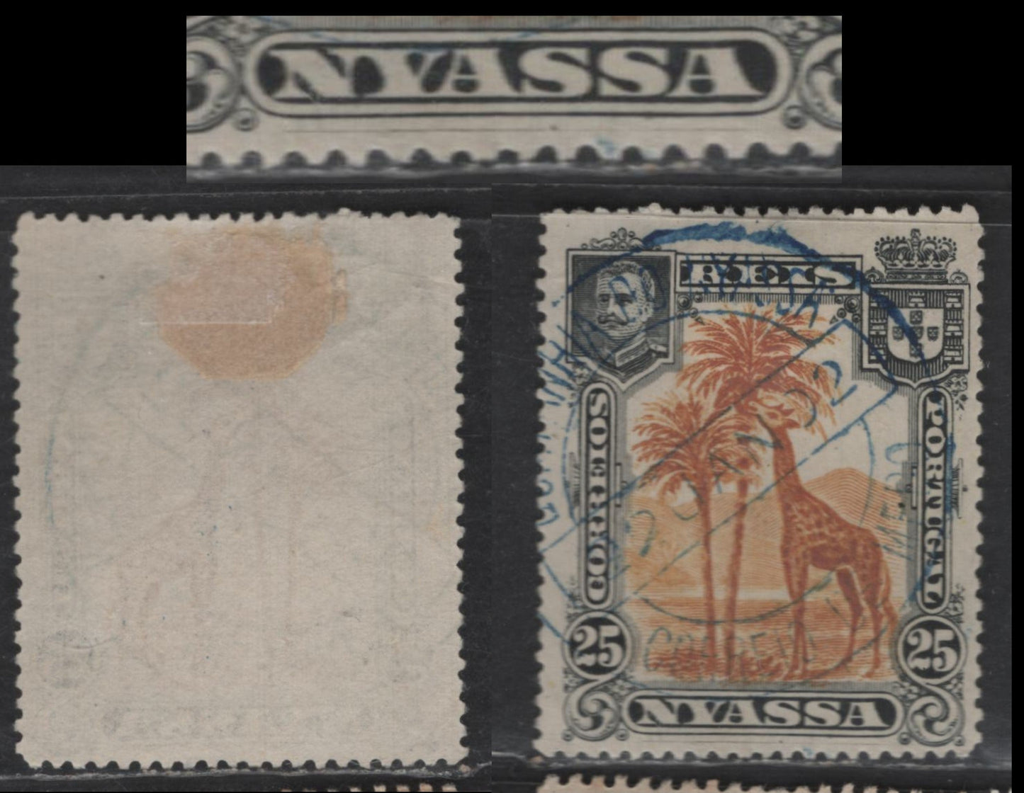 Lot 210 Nyassa SC#31var 25r Black & Orange Giraffe, 1901 Pictorial Issue, A Very Fine Used Single, Perf 14.75, Showing Large Guideline In Lower Margin, Jan 20 1902 SON CDS