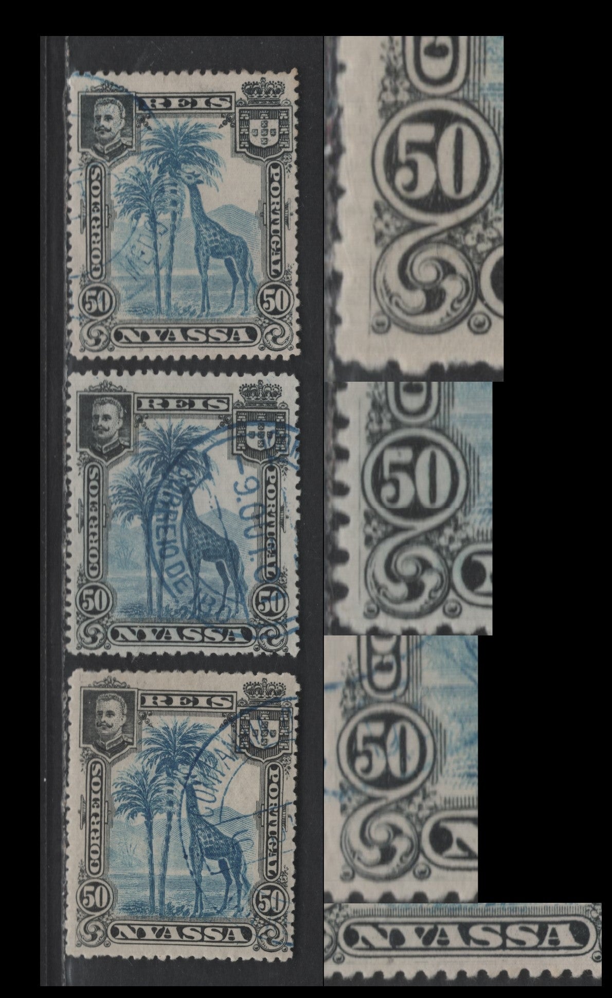 Nyassa SC#32 50r Black & Deep Blue Giraffe, 1901 Pictorial Issue, 3 Very Fine Used Singles, Perf 14, Guideline Scratches In Margins