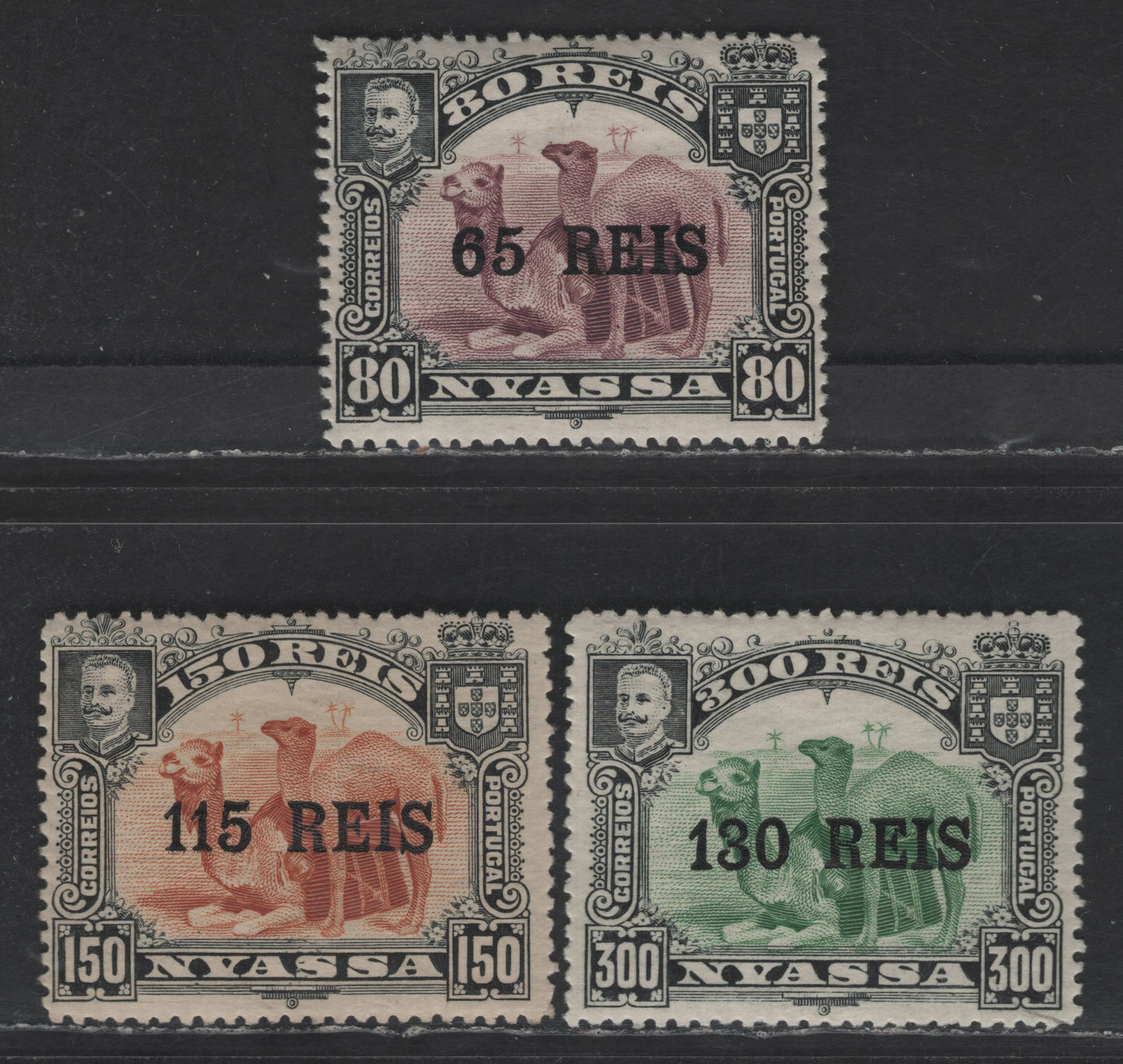 Lot 244 Nyassa SC#39-41 65r on 80r - 300r Black & Lilac - Black & Yellow Green Camel, 1903 Surcharged Issue, 3 VFOG Singles, Perf 14