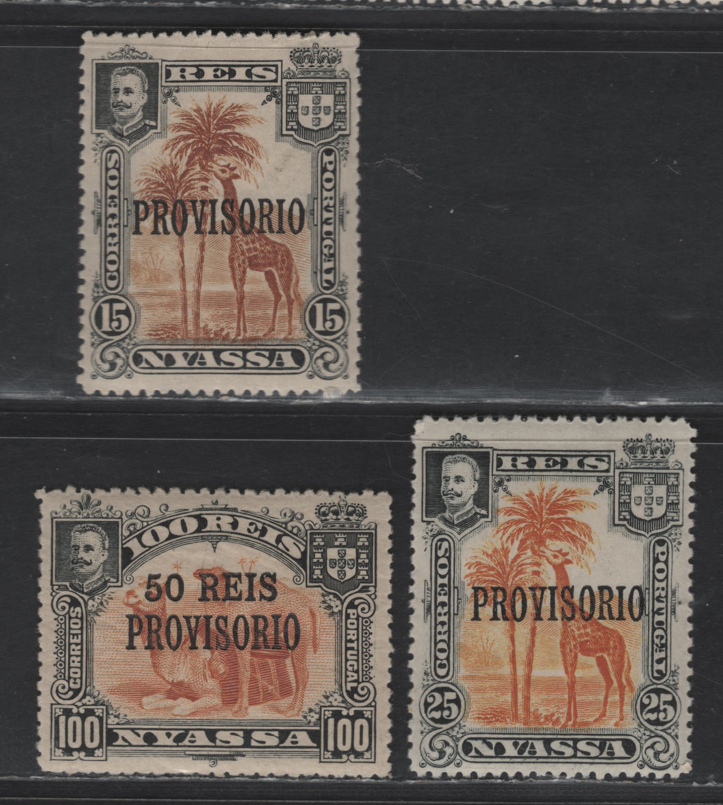 Lot 254 Nyassa SC#42-43, 50 15r - 50r on 100r Black & Orange - Black & Brown Bistre Camels, 1903-1910 Provisorio Overprinted Issue, 4 VFOG Singles