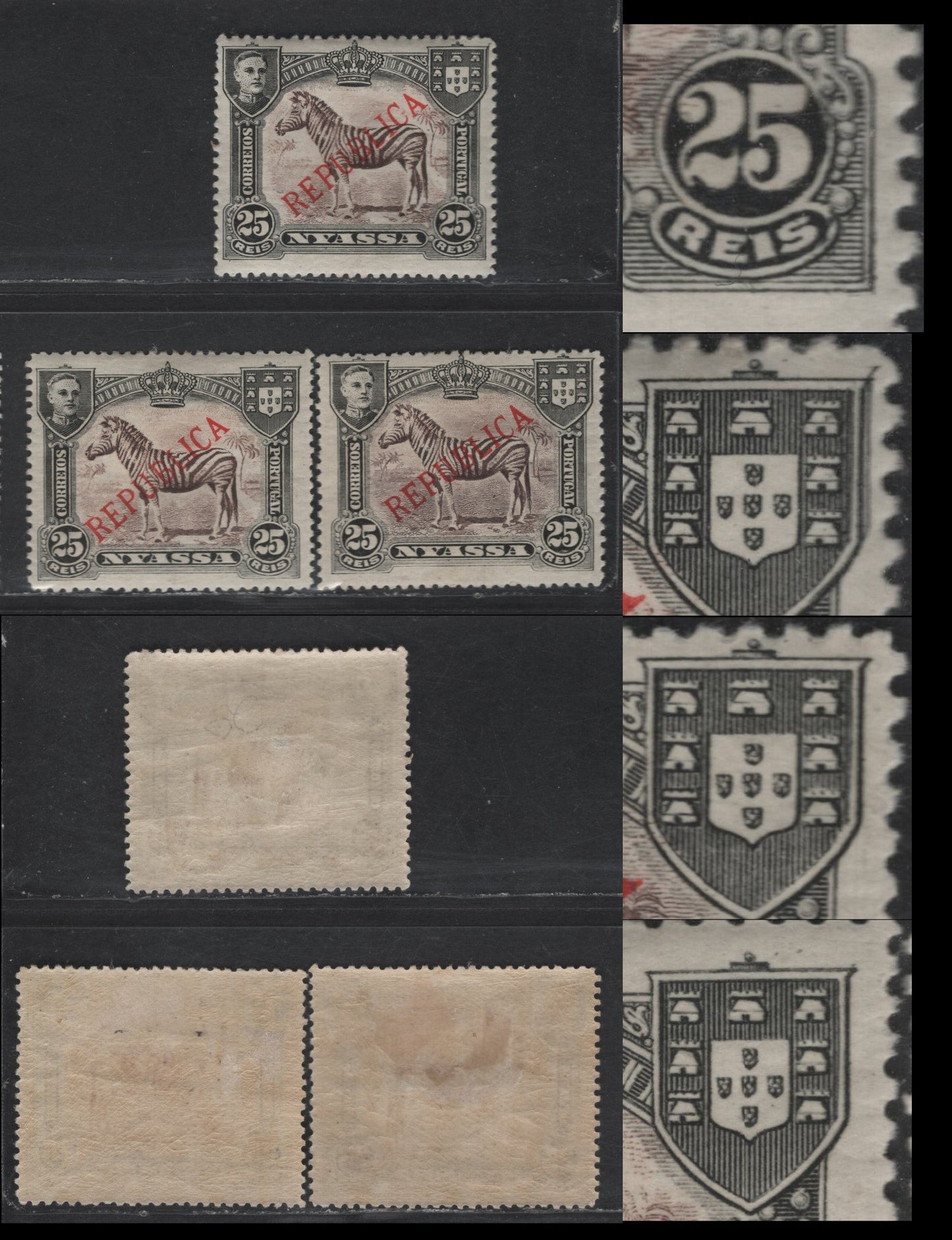 Nyassa SC#55var 25r Black & Violet Brown Zebras, 1911 Republica Overprinted Issue, 2 VFOG Singles, Re-Entries