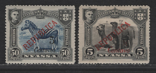 Lot 277 Nyassa SC#95, 101 1/2c on 5r - 5c on 50r Black - Black & Blue Camels, 1921 London Surcharged Pictorial Issue, 2 VFOG Singles, Perf 14