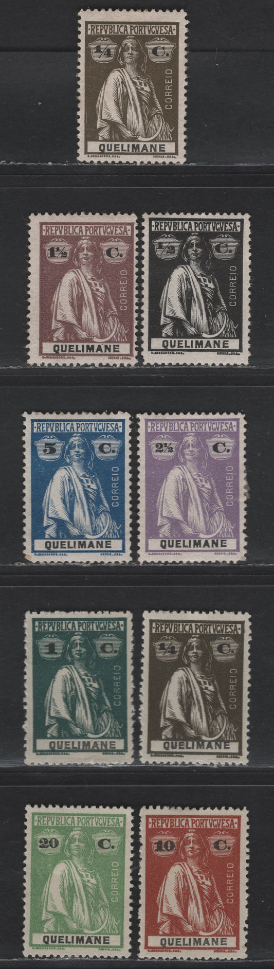 Lot 293 Quelimane SC#25-26, 28, 30-31, 25b, 27b, 34b, 36b 1/4c - 20c Olive Brown - Yellow Green Ceres, 1914 Ceres Issue, 9 F/VFOG Singles, Chalky & Ordinary Paper