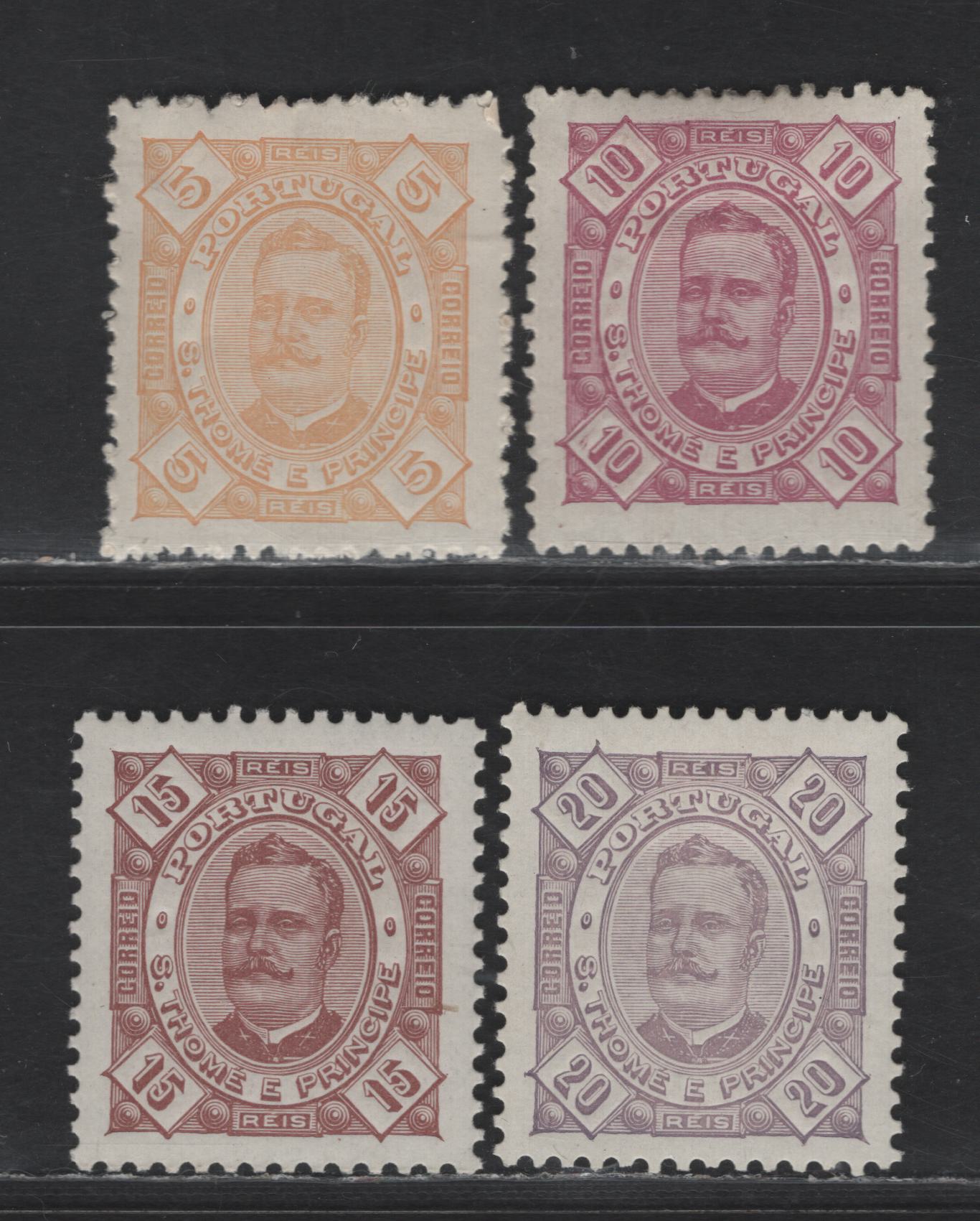 Lot 298 St. Thomas & Prince SC#27-30 5r - 20r Yellow - Lavender King Carlos, 1895 King Carlos Issue, 4 VFOG Singles