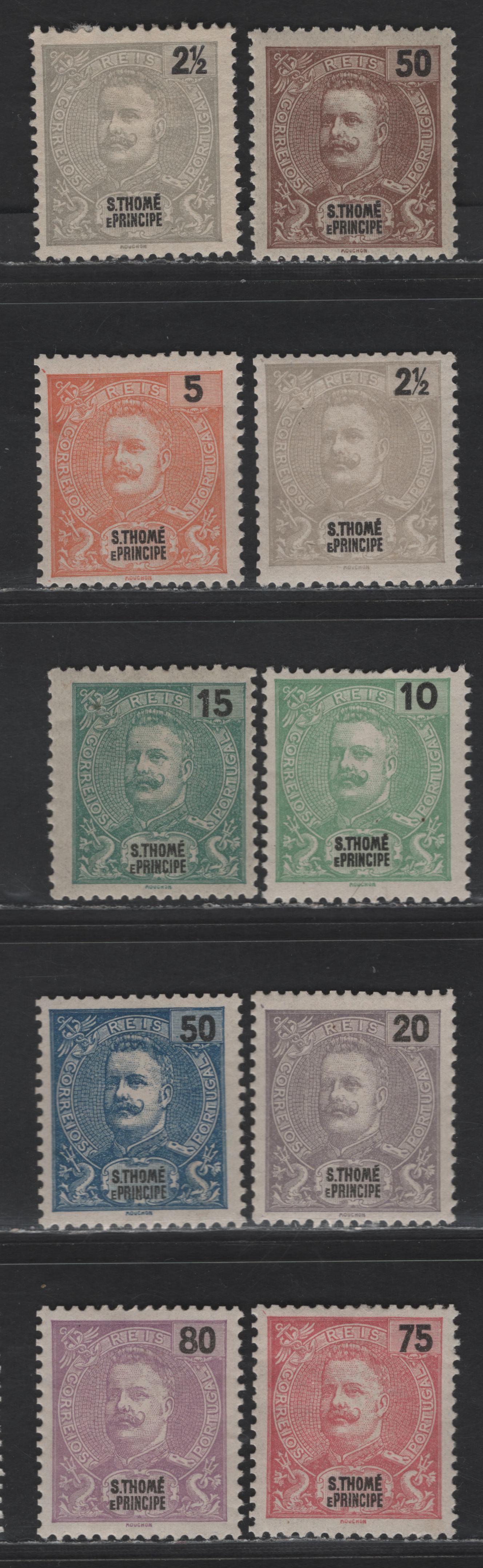 Lot 301 St. Thomas & Prince SC#39-41, 43-44, 47-48, 50, 52 2.5r - 80r Gray - Bright Violet King Carlos, 1898-1903 King Carlos Issue, 9 F/VFOG Singles