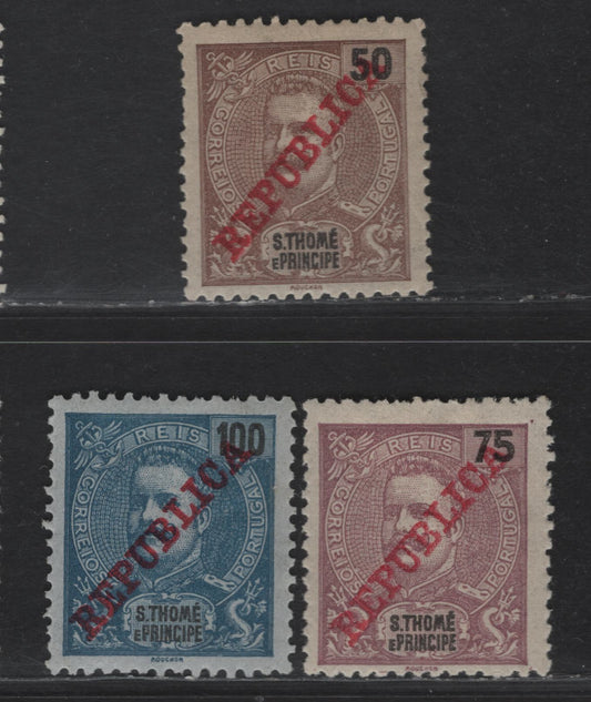 Lot 305 St. Thomas & Prince SC#97-99 50r - 100r Brown - Dark Blue King Carlos, 1911 King Carlos Overprinted Issue, 3 F/VFOG Singles