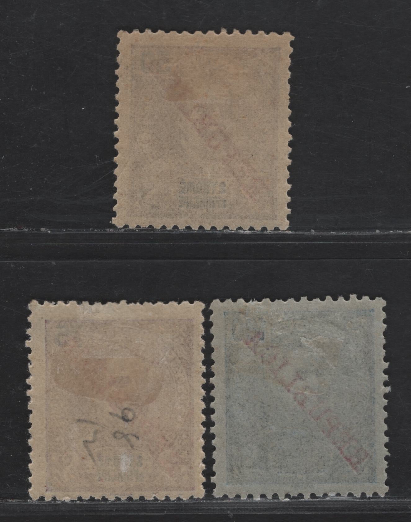 Lot 305 St. Thomas & Prince SC#97-99 50r - 100r Brown - Dark Blue King Carlos, 1911 King Carlos Overprinted Issue, 3 F/VFOG Singles