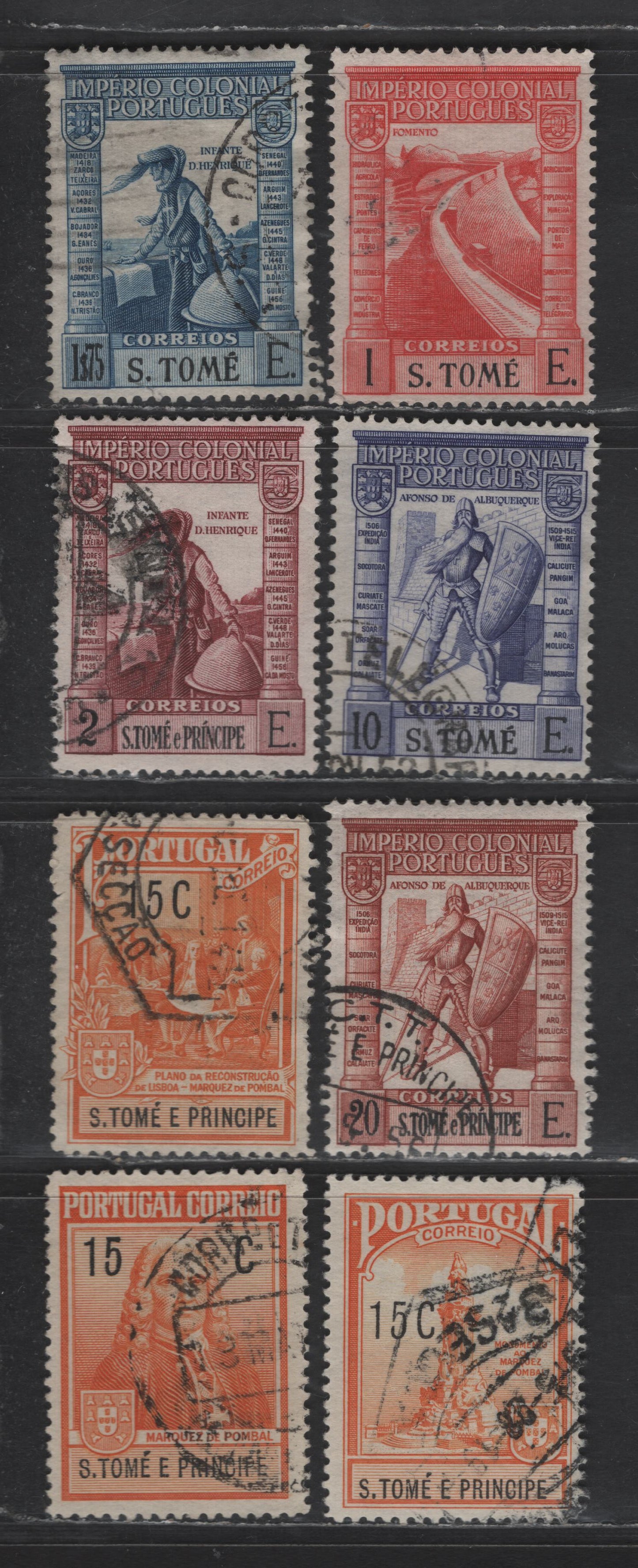 Lot 316 St. Thomas & Prince SC#314-315, 318, 337, 340, RA1-RA3 1c - 15c Red - Orange & Black Vasco de Gama, 1925 Pombal Issue, 8 Very Fine Used Singles