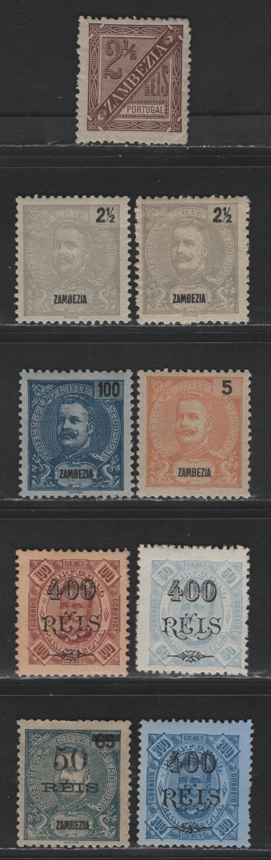 Lot 323 Zambezia SC#13-14, 24, 45-47, 53, P1 2.5r - 400r on 200r Carmine Lake - Blue King Carlos - Numerals, 1894-1903 King Carlos, Surcharges & Newspaper Issues, 9 F/VFOG Singles