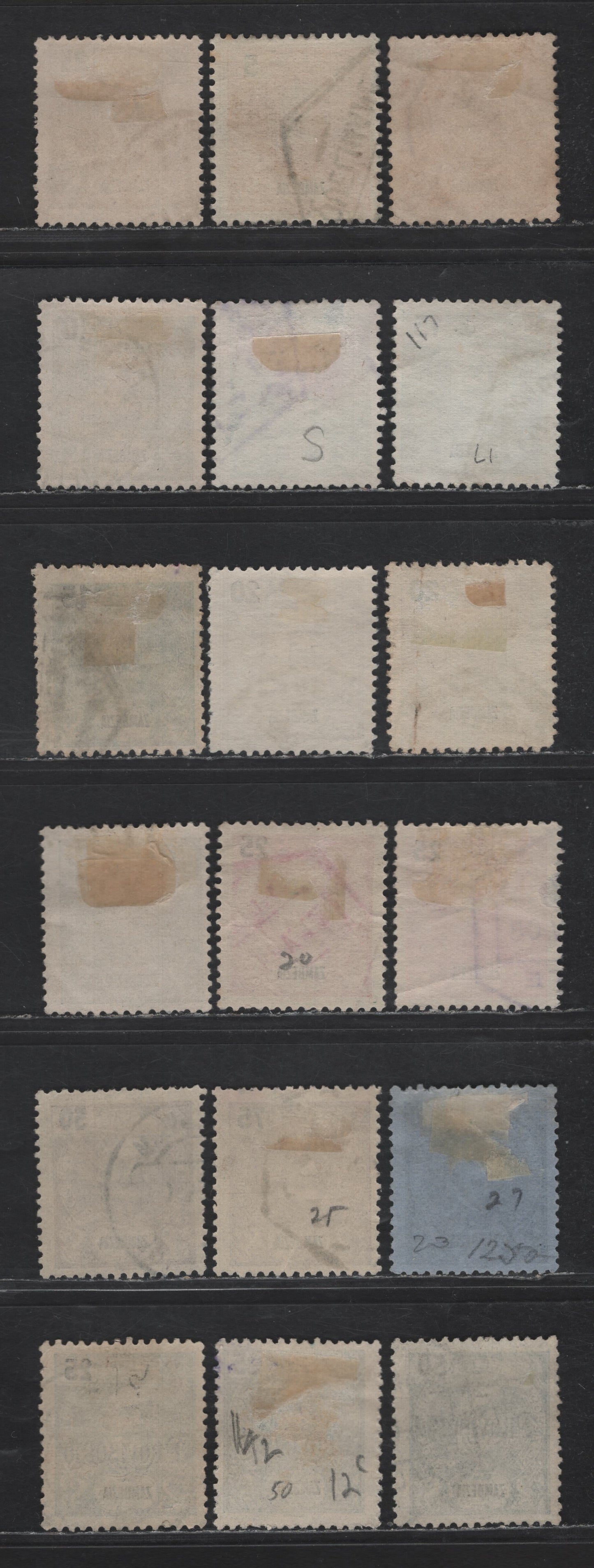 Lot 324 Zambezia SC#13-15, 17, 19-20, 22, 25, 27, 50-51 2.5r - 50r Gray - Blue King Carlos - Provisorio, 1898-1903 King Carlos - Provisorio Overprinted Issues, 18 Fine/Very Fine Used Singles, Includes Unlisted Shade Variations