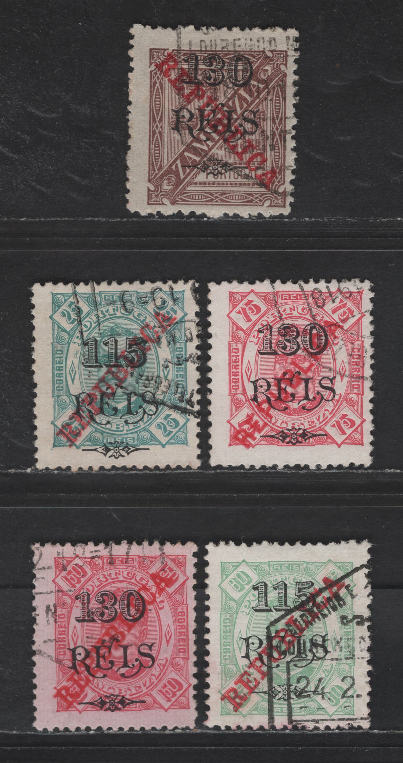 Zambezia SC#77a, 85-86, 88, 92 130r on 75r - 130r on 2.5r Carmine - Brown Republica, 1914-1915 Republica Overprints, 5 Fine/Very Fine Used Singles, Perf 12.5