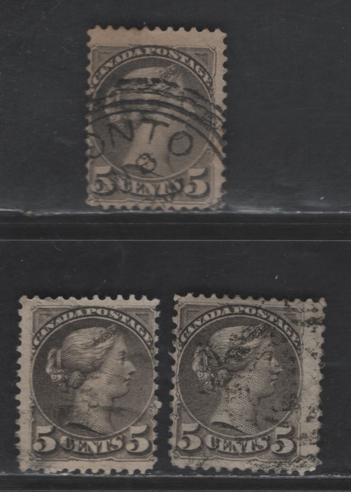 Lot 342 Canada SC#42 5c Brownish Gray - Deep Gray Queen Victoria, 1870-1897 Small Queen Issue, 3 Very Good/Fine Used Singles, Papers 2O-E, 2O-L, 2O-P, Mid To Late Second Ottawa Printing