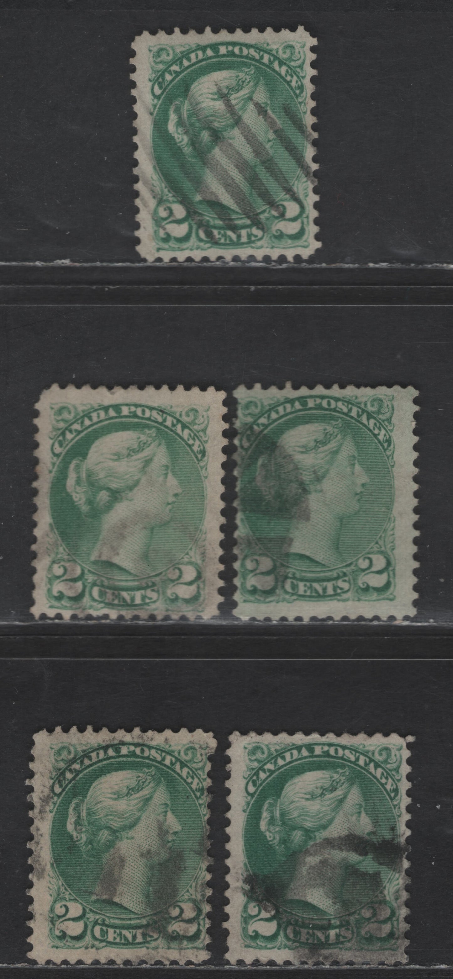 Lot 383 Canada SC#36 2c Grass Green, Green & Milky Green Queen Victoria, 1870-1893 Small Queen Issue, 5 Very Good/Fine Used Singles, Late Montreal Printings, LM-D & LM-O Papers