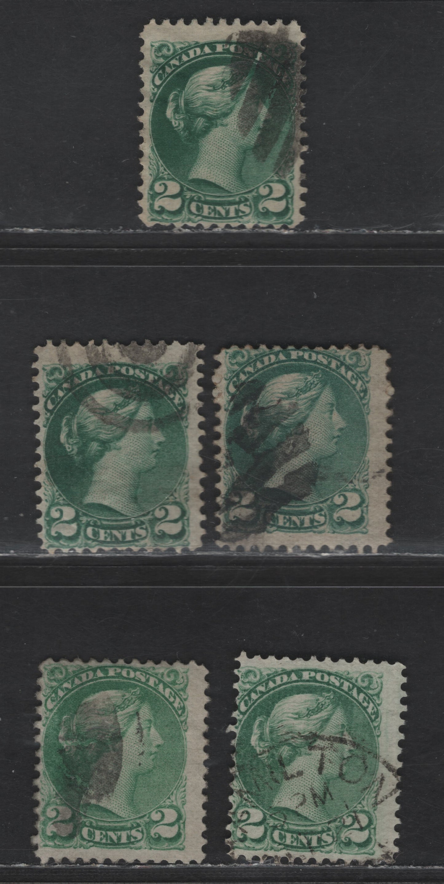 Lot 385 Canada SC#36, 36d 2c Deep Green, Dull Green, Milky Green & Bluish Green Queen Victoria, 1870-1893 Small Queen Issue, 5 Ungraded Singles, Late Montreal Printings, Paper Types LM-A, Ungraded, But Generally VG-F