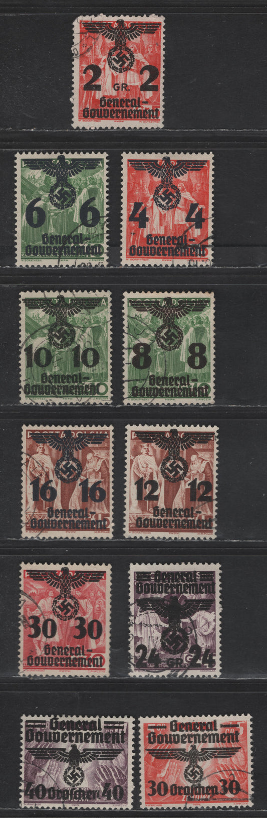 Lot 122 Poland - German Occupation SC#N33-N41, N48-N49 2g on 5g - 40g on 25g+10g Red Orange - Violet Marshal Smigly-Rydz - Winterhelp, 1940 Swastika Overprinted Issue, 11 Very Fine Used Singles, Postally Used, Good Cancels