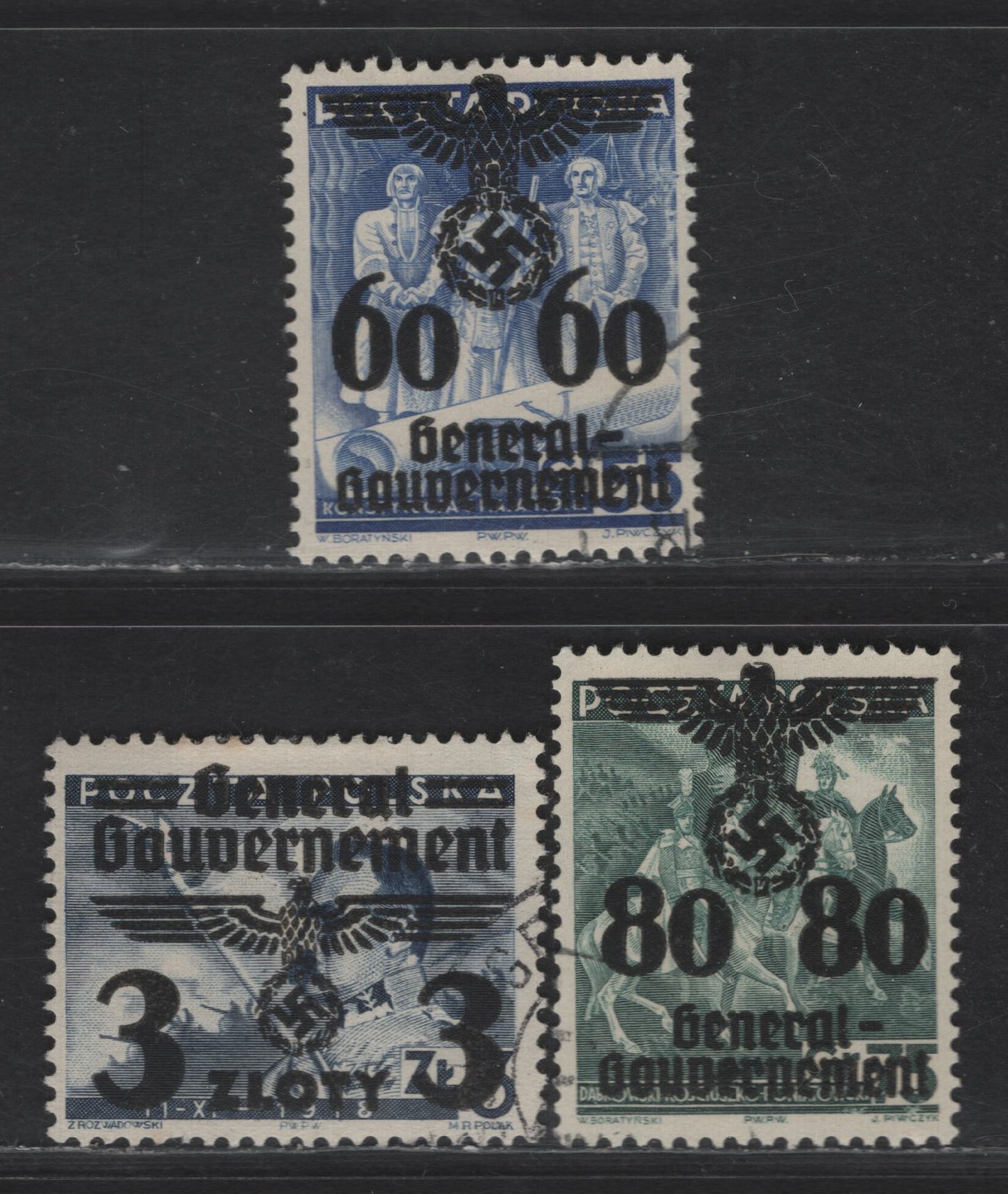Lot 124 Poland - German Occupation SC#N43-N44, N47 60g - 55g - 3z on 3z Ultramarine - Gray Black Figures, 1940 Swastika Overprinted Issue, 3 Fine/Very Fine Used Singles, Postally Used, Corner Cancels