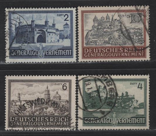 Lot 134 Poland - German Occupation SC#N74-N75, N102-N103 2z - 10z Dark Ultramarine - Orange Brown & Gray Black Monastary Views & Castles, 1941-1944 Pictorial Issue, 4 Fine/Very Fine Used Singles