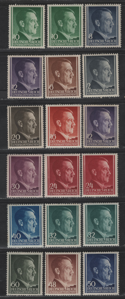 Lot 142 Poland - German Occupation SC#N76-N89 2g - 60g Gray Black - Dark Olive Hitler, 1941-1943 Photogravure Hitler Head Issue, 18 F/VFNH Singles, Shade Variations