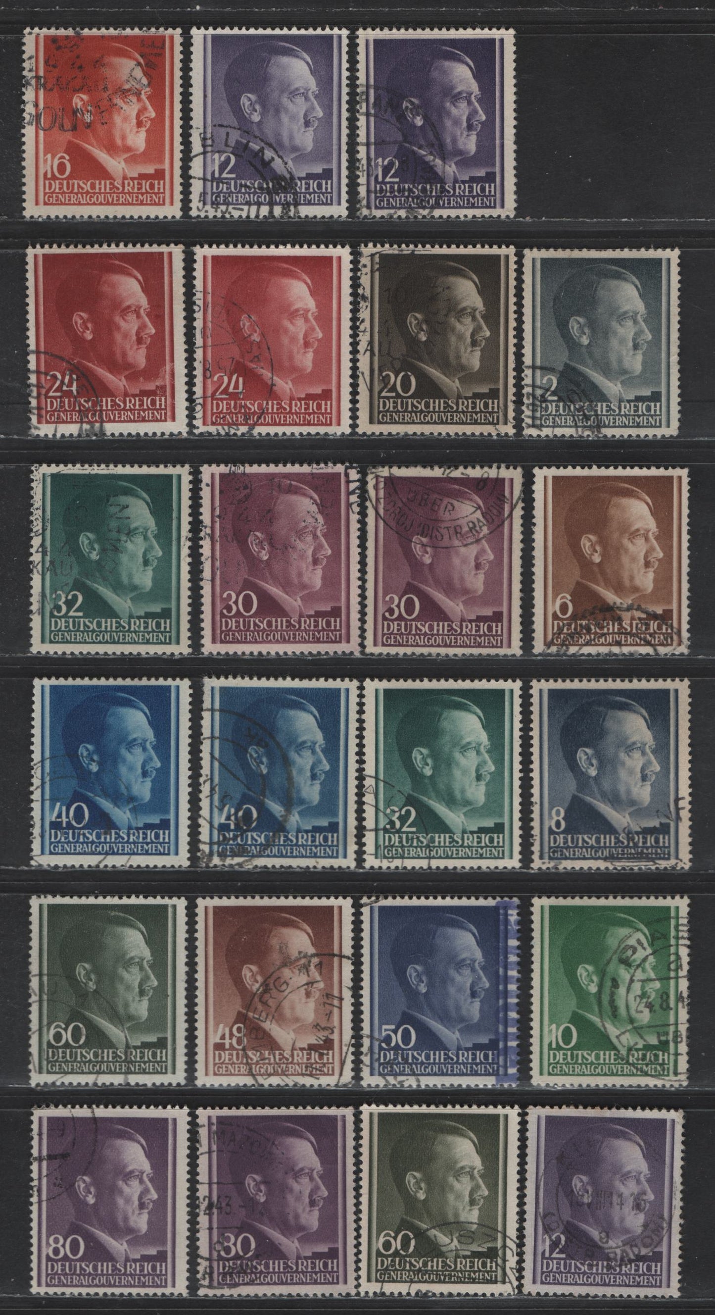 Lot 144 Poland - German Occupation SC#N76-N90 2g - 80g Gray Black - Dark Violet Hitler, 1941-1943 Photogravure Hitler Head Issue, 23 Very Fine Used Singles, Shade Variations