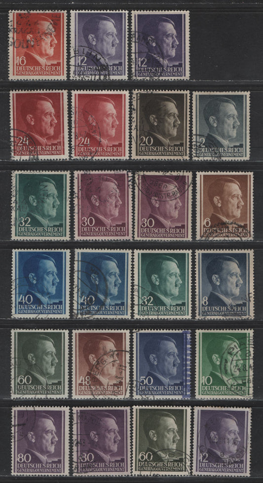 Lot 144 Poland - German Occupation SC#N76-N90 2g - 80g Gray Black - Dark Violet Hitler, 1941-1943 Photogravure Hitler Head Issue, 23 Very Fine Used Singles, Shade Variations