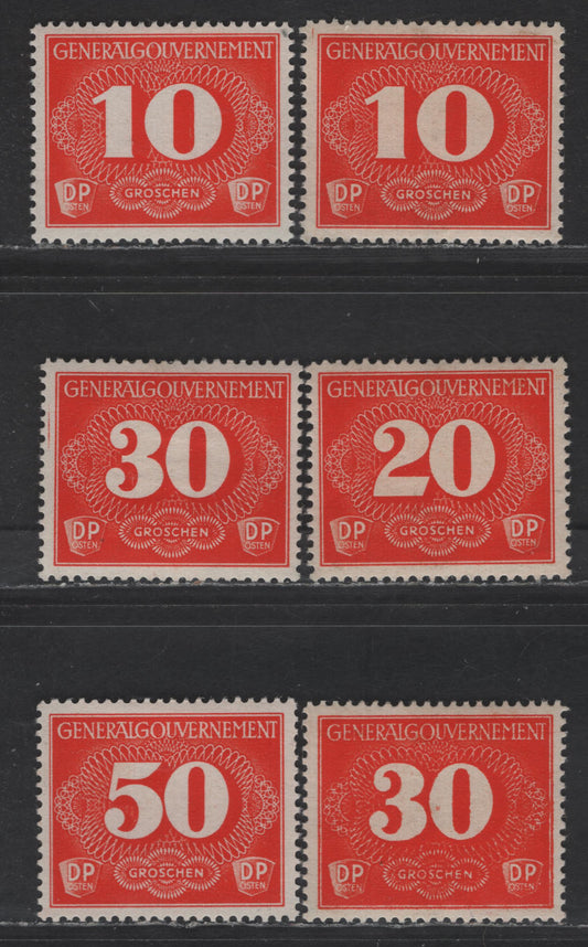 Lot 150 Poland - German Occupation SC#NL1-NL4 10g - 50g Red Orange Numeral, 1940 Rural Delivery Issue, 6 VFOG Singles, Shade & Gum Varieties